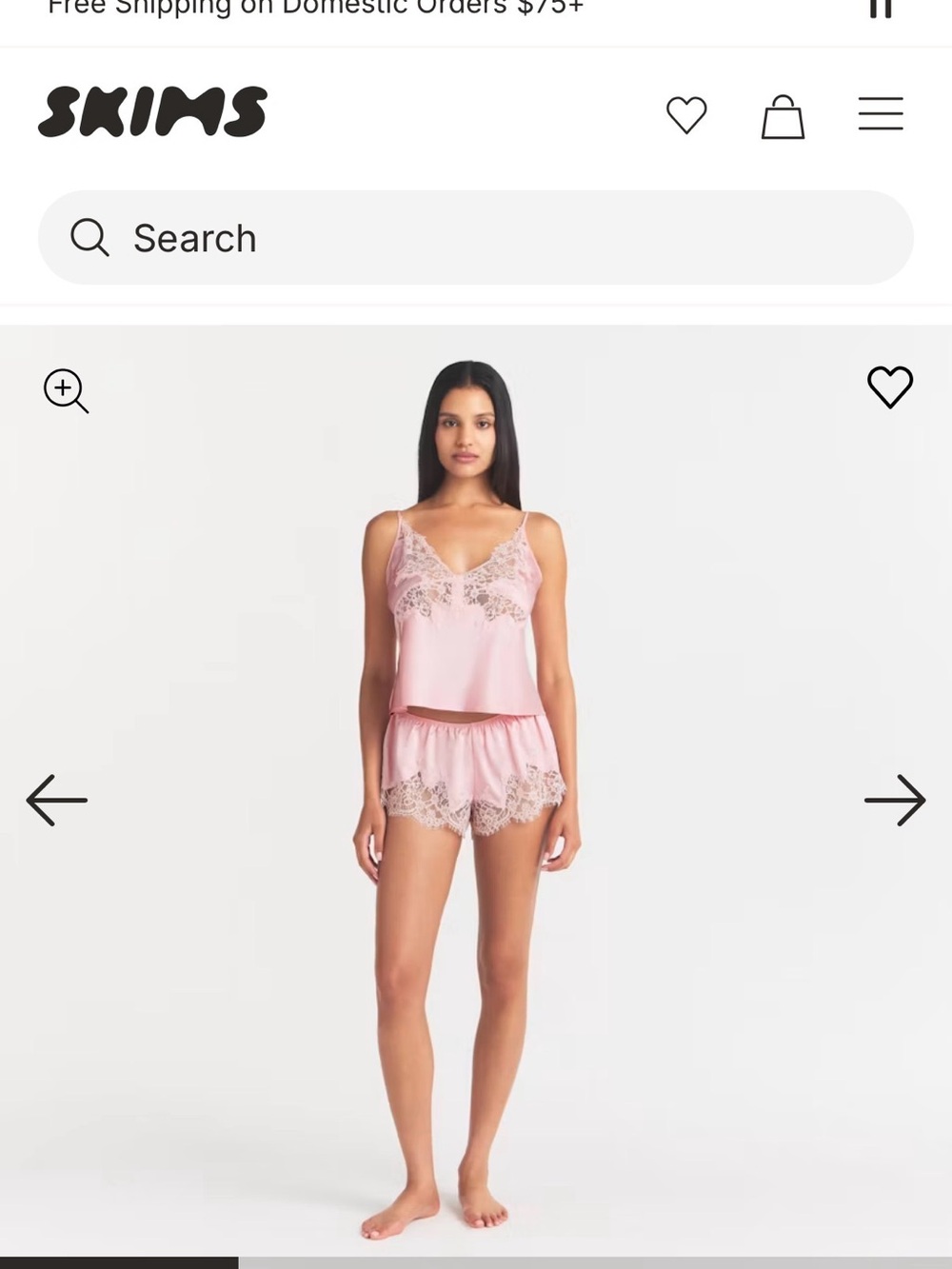 SKIMS Light Pink Lace-Trim Satin Cami & Short Pajama Set NWT